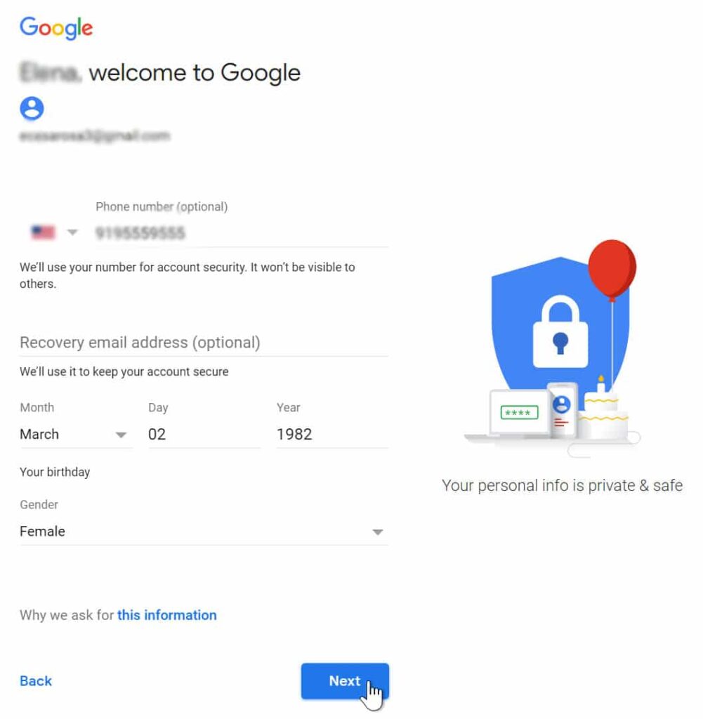 Personal detail fill-up in Gmail 